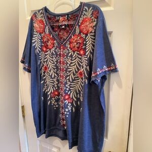 Johnny Was Blue Cotton Tunic With Pink and White Floral Embroidery, Size 2X.